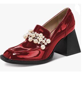 FSJ Red Glossy Square Toe Pearls Loafers Block High Heel Slip On Casual Pump